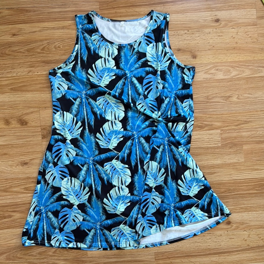 Tropical Blue and Green Leaf Print Dress - size XXL